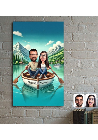 Bk Gift Kişiye Özel Teknede Oturan Çift Karikatürlü Ahşap Tablo - 1, Sevgililer Günü, Sevgiliye Hediye Kobitmeyencom33788 Bk Gift