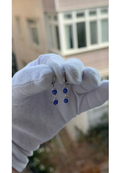 Gümüş Renk Nazar Boncuklu Özel Tasarım Sallantılı Küpe Gümüş