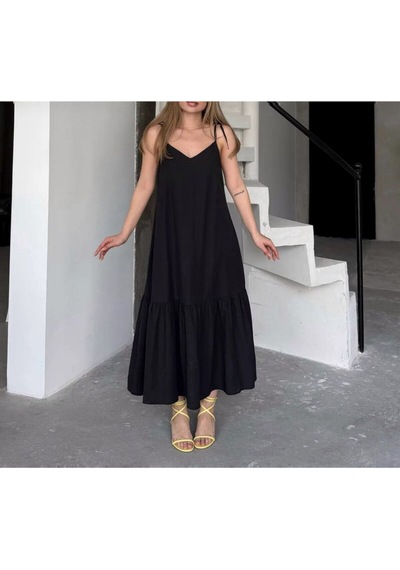 Poplin Kumaş Ayarlanabilir Askılı Elbise Siyah