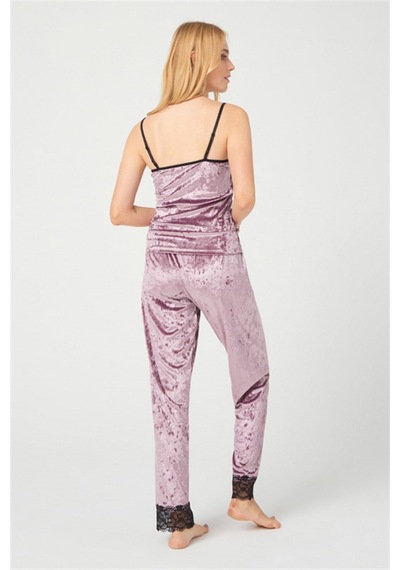 Cottonhill Pudra Dantel Detaylı Kadife Kadın Pijama Takımı Pudra