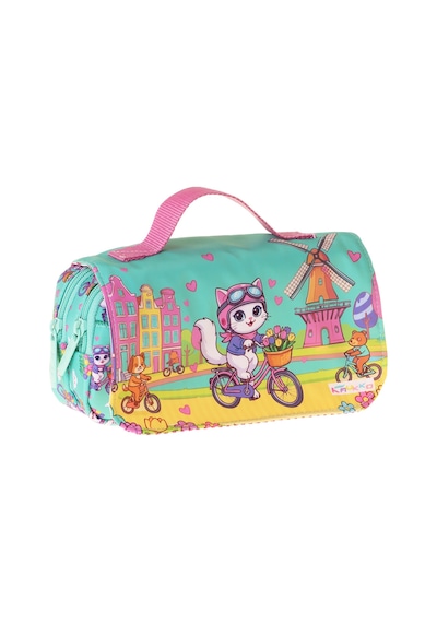 Kaukko Kids Taşıma Askılı Kız Çocuk Bisikletli Kedi Baskılı Şık Kalem Çantası Yeşil - Pembe - L5330 Çok Renkli