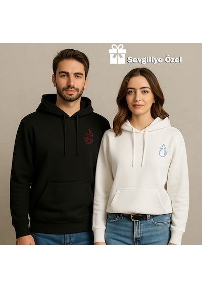 Nevermind Sevgili Çift Kombin Ateş Ve Su Baskılı Hoodie Unisex Oversize Ka Siyah