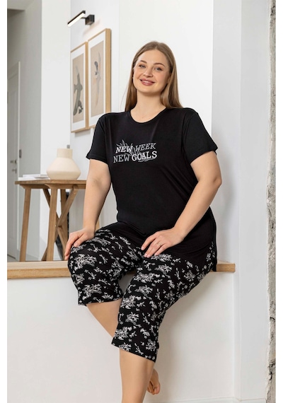 Aydoğan Kadın İnci Büyük Beden Siyah Kapri Pijama Takım 0071 Siyah