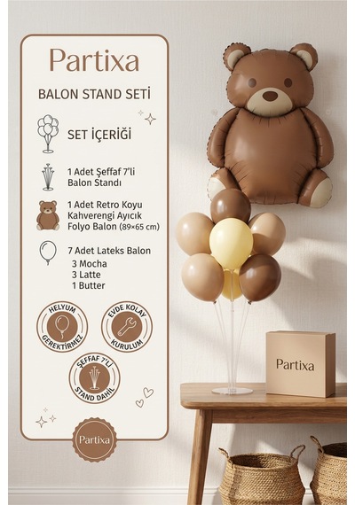 Retro Koyu Kahverengi Ayıcık Balon Stand Seti Şeffaf 7 Li Stand + Ayıcık Folyo Balon 89 65 Cm + 7 Lateks Balon