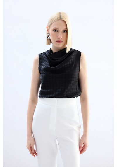 Sateen Puantiye Desenli Kolsuz Bluz - Siyah-136749 Siyah