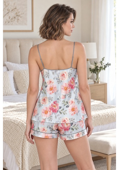 Loule Kadın Mint Çiçekli Kontrast Biyeli Saten Şortlu Pijama Takımı