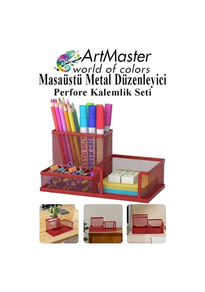 Kırmızı Masaüstü Metal Kalemlik Seti 3 Lü Kombo 1 Paket Fileli Perfore Renkli Kalemlik Kağıtlık Küpnotluk Düzenleyici Kırmızı