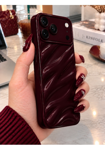 İphone 17 Pro Max / 18 Pro Max Uyumlu Burgundy Dalga Desenli Kılıf Kamera Korumalı Parlak Premium Telefon Kılıfı-kapak