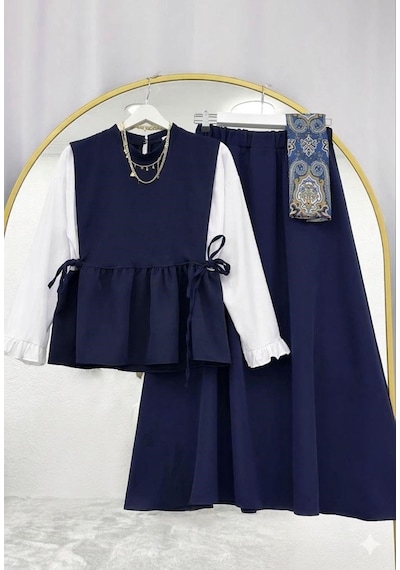 Lovie Moda Kadın Kolu Büzgülü Etekli Takım - Lacivert