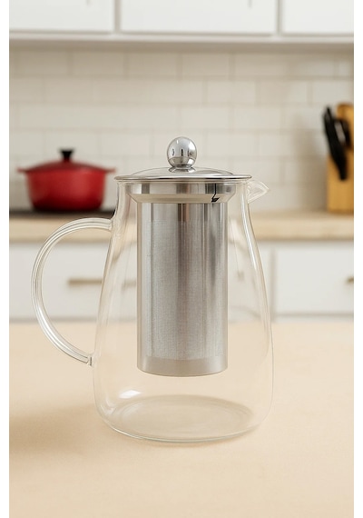1500 Ml Cam Metal Süzgeçli Demlik Isıya Dayanıklı Detoks Sürahisi & Bitki Çayı Karafı