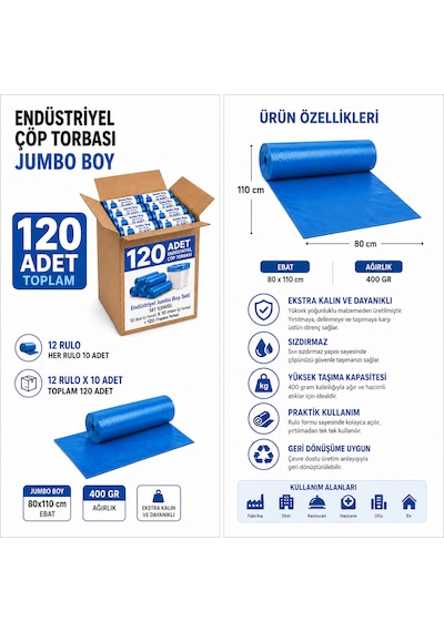 Endüstriyel Çöp Torbası Jumbo Boy 80x110 Cm 400 Gr 12 Rulo 120 Adet Mavi Çöp Poşeti