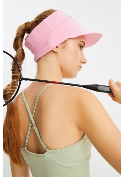 Butikgiz Kadın Uv Korumalı Katlanabilir Üstü Açık Yumuşak Siperli %100 Pamuklu Penye Tenis Vizör Şapka Pembe