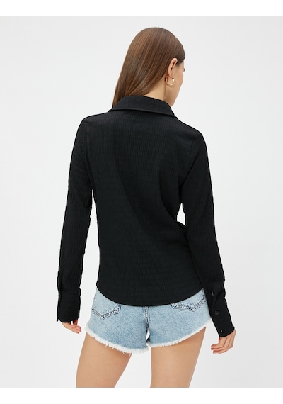 Koton Slim Fit Gömlek Uzun Kollu Bürümcük Kumaş Siyah 3sak60013ek