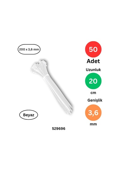 Tek-iş Plastik Kablo Bağı 200mm X 3.6mm Beyaz 50 Adet Dayanıklı Cırt Kelepçe Kablo Düzenleme Ve Sabit Genel