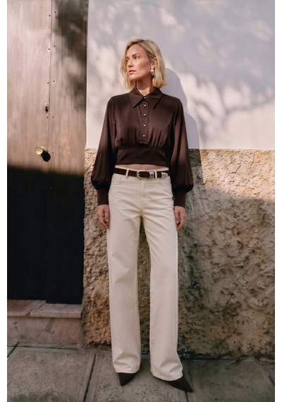 Sateen Düğme Detaylı Saten Bluz - Kahve-137514