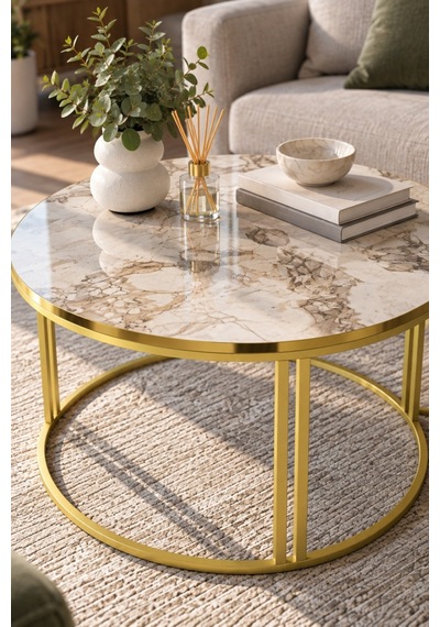 Sulorahome Efes Beyaz Mermer Desenli Yuvarlak Orta Sehpa 70 Cm Altın - Mermer