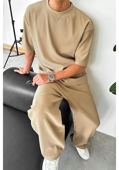 Bej Fitilli Baggy Pantolon Bej