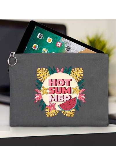 Bk Gift Yaz Temalı-8 Antrasit Tablet Çantası 30x21cm, Apple iPad Uyumlu Çantası, Baskılı Tablet Kılıfı Kılıf