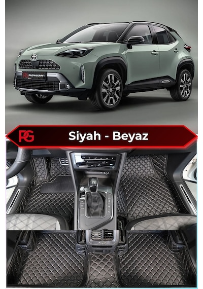 Toyota Yaris Cross Hybrid Siyah Üzeri Beyaz Dikiş 8d Diamond Premium Havuzlu Deri Oto Paspas