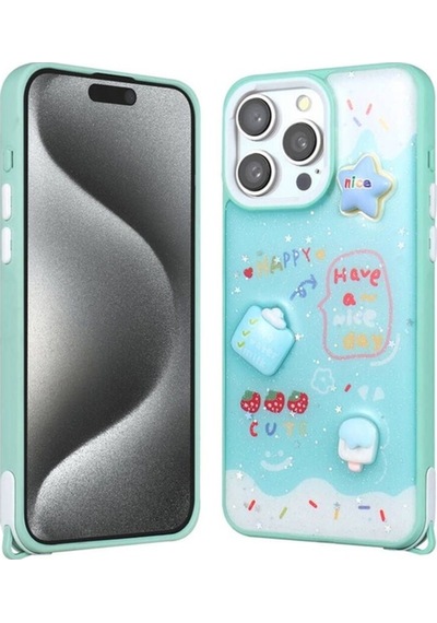 Apple Uyumlu iPhone 15 Pro Max Kılıf Parlayan Simli Kabartma Figürlü Zore Cevze Kapak Yeşil