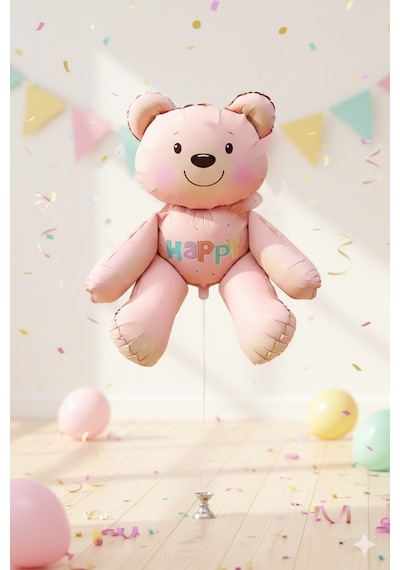 51x54 Cm Oturan Ayı Pembe Folyo Balon - Doğum Günü Parti Dekorasyon Balonu Çok Renkli