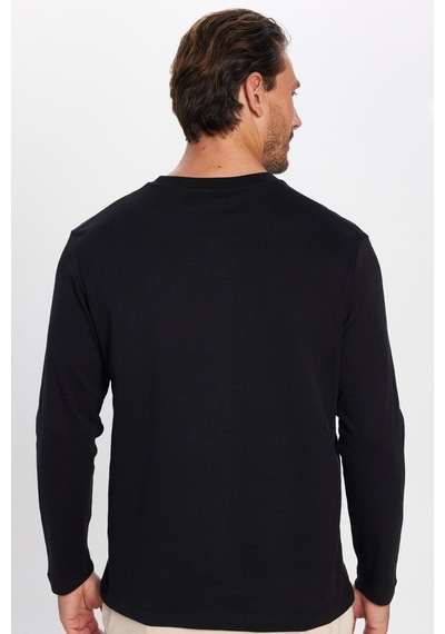 Tudors Unisex Relax Fit Rahat Kesim %100 Pamuk Uzun Kollu Bisiklet Yaka Siyah Basic Tişört-32654 Siyah