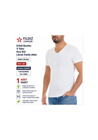 Yıldız Çamaşır Erkek Bambu V Yaka Kısa Kol Likralı Fanila Atlet 480-481-482 - 1 Adet Beyaz