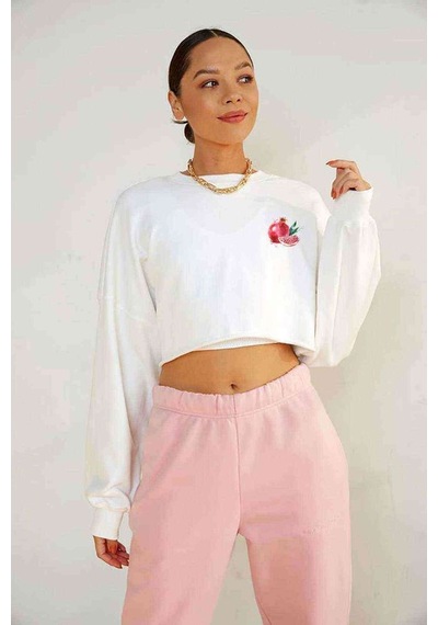 Watercolor Pomegranate Nar Baskılı Crop Kadın Beyaz Sweatshirt