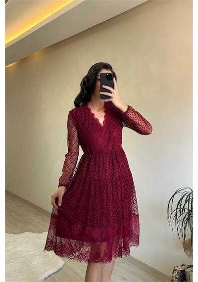 Neşeli Butik Kadın Kruvaze Yaka Dantelli Tül Elbise Nm010 Bordo