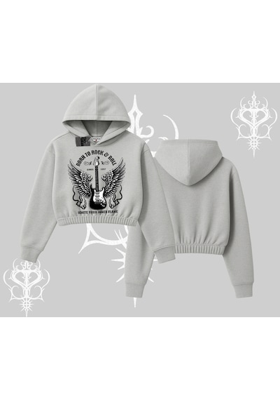 Kapşonlu Crop Sweatshirt Born To Rock Eternal Flame Legacy Gri