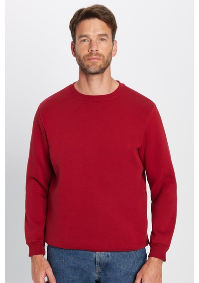 Tudors Unisex Relax Fit Rahat Kesim Pamuklu 3 İplik İçi Polarlı Basic Bordo Bisiklet Yaka Sweatshirt-25825