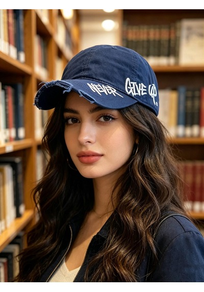 Valkyrie Unisex Lacivert Never Give Up Nakışlı Baseball Şapka Ayarlanabilir Vintage Streetwear Spor Kep