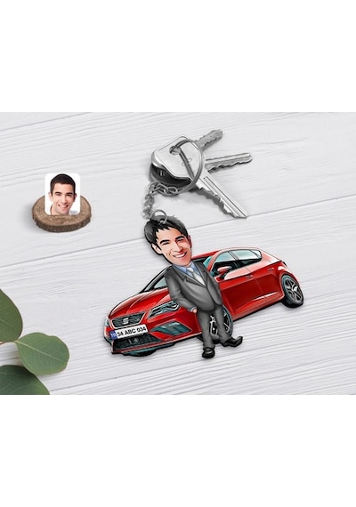 Kişiye Özel Bay Seat Leon Kırmızı Figürlü Plakalı Ahşap Karikatür (476913020)