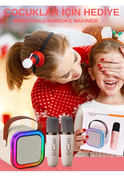 Teknozeel Çift Mikrofonlu Karaoke 5 Ses Efektli Rgb Işıklı Bluetooth Kablosuz Hoparlör Ses Bombası Bej Renk