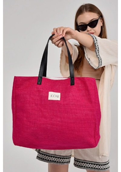 İcone Bag Kadın Çantası, Kadın Hasır El Ve Omuz Çantası, Hasır Çanta, Keten Çanta, Straw Bag Pembe