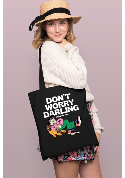 Brz Collection Don't Worry Baskılı Tote Bag Gabardin Çanta - Siyah