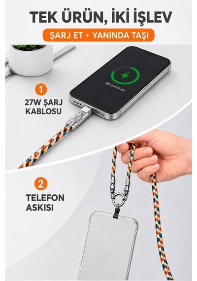 Özel Üretim Type-c To Lightning U32 Renkli 27w Telefon Bağı Cihaz Askısı Şarj Kablosu