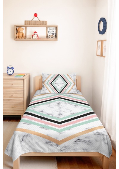 Mermer Geometrik Mint Genç Odası Tek Kişilik Pike Takımı - Pudra Antrasit 160x220 Cm Yatak Örtüsü Mistik Kadife Kıyısı