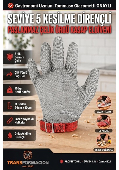 Paslanmaz Çelik Örgü Kasap Eldiveni - Seviye 5 Kesilme Dirençli Çift Yönlü Zincir Zırh Eldiven, Orta Boy Şef Ve Endüstriyel Koruyucu Eldiven 723465