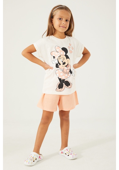 Minnie Mouse Pink Hearts Beyaz Kız Çocuk Şort Takım Beyaz