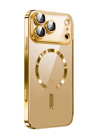 Apple Uyumlu iPhone 17 Pro Max İçin Magsafe İle Kılıf Kamera Lensli Korumalı Şeffaf Silikon Kapak Gold