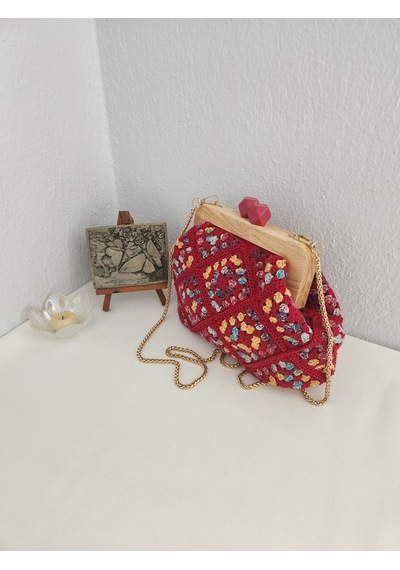 Fikriharika Design Retro, Motifli, Ahşap Burslu, Kadın El Çantası Bordo