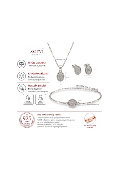 Servi 925 Ayar Gümüş Zarif Oval Zirkon Taşlı Kolye, Küpe Ve Bileklik Seti-539