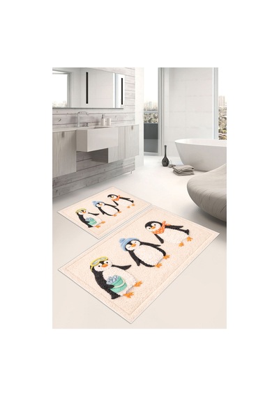 Penguen Desenli Dijital Baskılı Yıkanabilir 2li Banyo Paspası 50x60-60x100 Bej