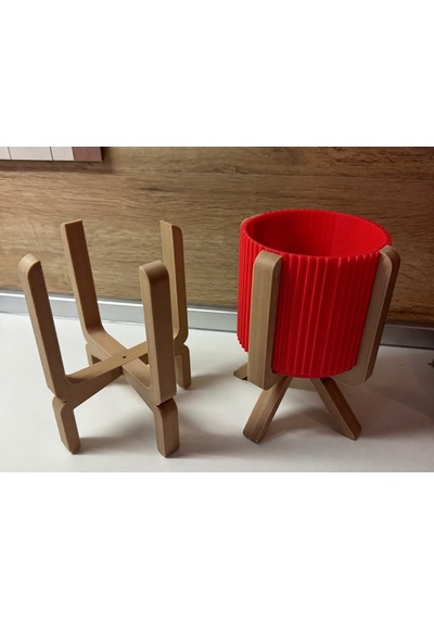 3d Baskı Ayaklı Çizgili Saksı - Bej Standlı Dekoratif Saksı - Kırmızı