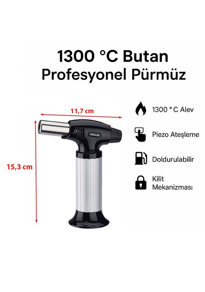 Pioze Ateşlemeli Torch Pürmüz Çakmak, 1300 C Ayarlanabilir Yüksek Alevli Emniyet Kilitli Çakmak Siyah - Gri