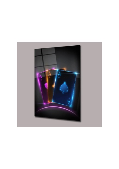 Neon Işıklı Aslar Dolar Cam Tablo Pct0823 Modern Dekorasyon Temalı Dekoratif Duvar Tablosu, Salon, Ev Ve Ofis Dekoru,