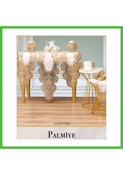 Vaveni Salon Takımı 7 Parça Keten Masa Örtüsü Runner Seti Çeyizlik Palmiye Model No 66625 Krem-kapiçino Arz