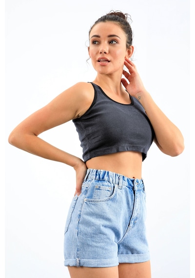 Tommy Life Lacivert Melanj Basic Sıfır Kol Dar Kalıp U Yaka Kadın Crop Top Atlet - 97162 Lacivert