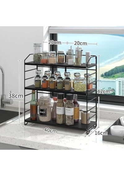 Ayarlanabilir Raflı 40cm Baharatlık, Organizer, Düzenleyizi Tezgahüstü Banyo, Mutfak, Ofis Model-1 Siyah Çok Renkli